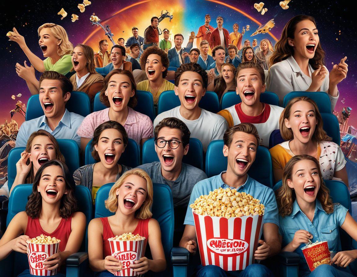 A striking collage of iconic movie moments from 2023, featuring a rollercoaster of emotions with characters laughing, crying, and showing intense expressions. In the background, film reels and a cinema screen glowing with vibrant colors, blending the scenes expertly. Include elements like popcorn, a director's chair, and award statues to evoke the cinematic atmosphere. super-realistic. vibrant colors. dynamic composition.