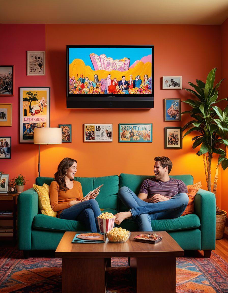 A cozy living room scene with a couple on a comfortable couch, laughing together while watching a classic comedy film on a vibrant TV screen. Popcorn and snacks scattered around, with colorful film reels and posters of popular comedy and drama films in the background. Soft warm lighting adds a cheerful ambiance. super-realistic. vibrant colors. cozy atmosphere.