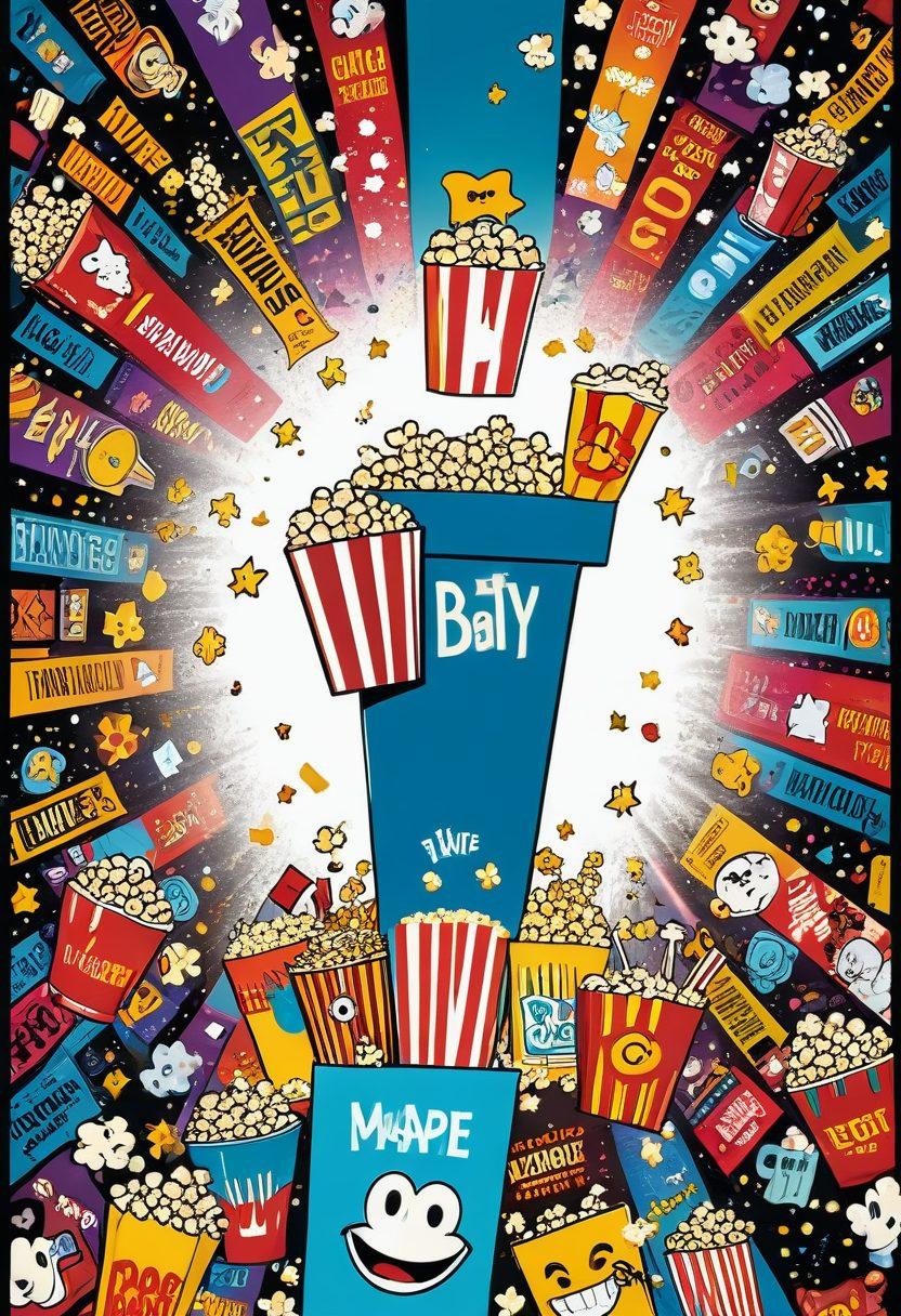 A vibrant cinema backdrop filled with colorful movie posters of various genres, showcasing smiles and laughter from iconic characters. The atmosphere is filled with floating popcorn, playful film reels, and bright spotlights shining down. In the foreground, a joyful crowd of diverse moviegoers, immersed in the magic of film, capturing their favorite moments. The scene should exude the essence of happiness and celebration inherent in cinema. colorful illustration. vibrant colors.